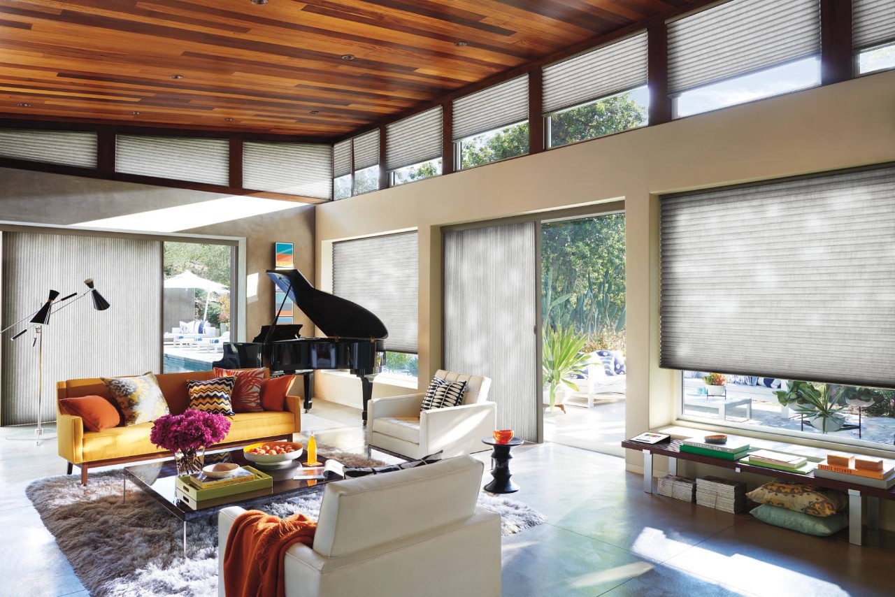 Hunter Douglas cellular shades covering living room windows in a home near Fargo, ND