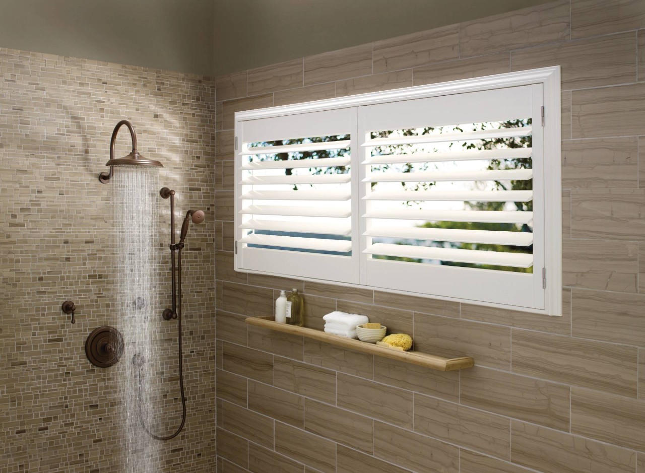 Custom Hunter Douglas shutters in a bathroom near Fargo, ND